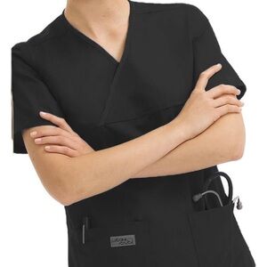 Urbane double pocket crossover scrub top & essential scrub pants, black, size XS